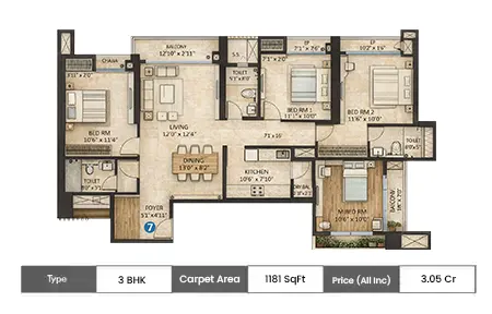 Shapoorji Northern Lights 3 BHK floor plan, 1181 sq ft carpet area